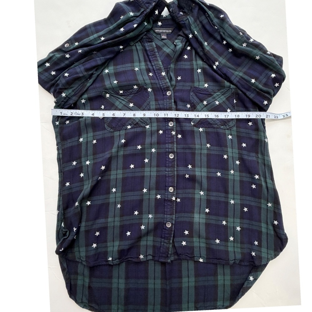 Rock & Republic Green Navy Blue Plaid Star Print Button Down Shirt Large - Picture 5 of 7